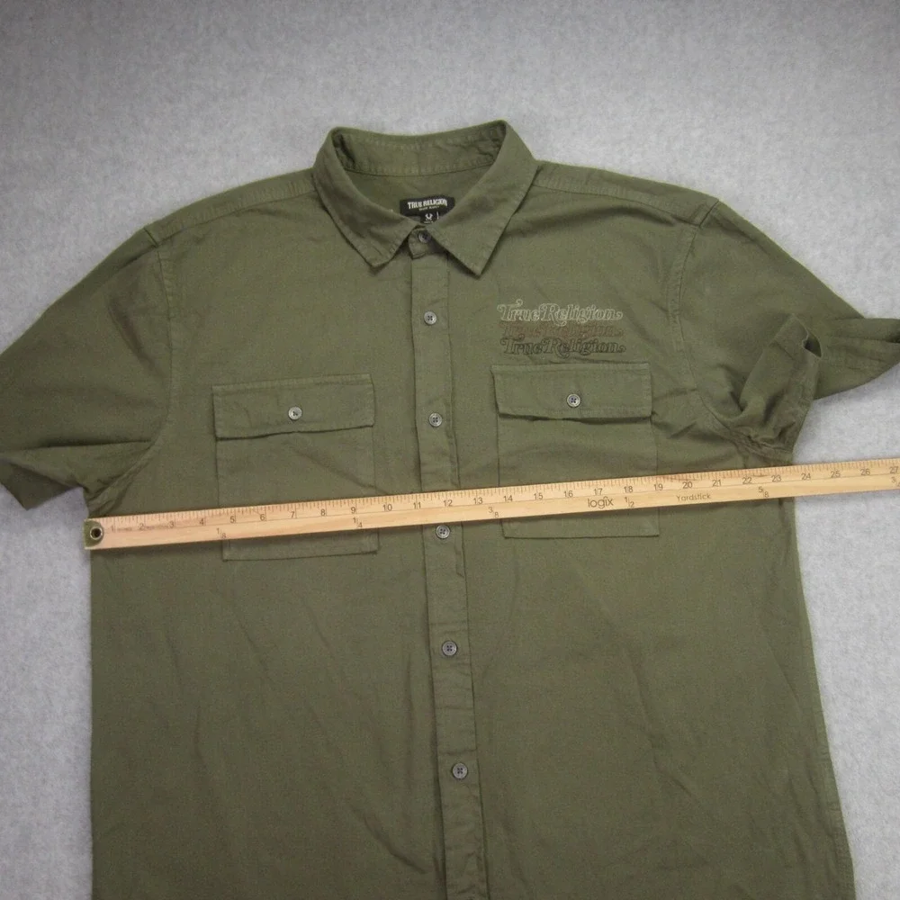 True Religion Shirt Mens L Green Short‎ Sleeve Button Up Triple Needle Pocket